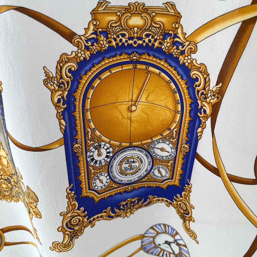 SCARF Square Unsigned Classic Clock Pattern Navy Gold Cream Timeless Chic - Picture 8 of 16